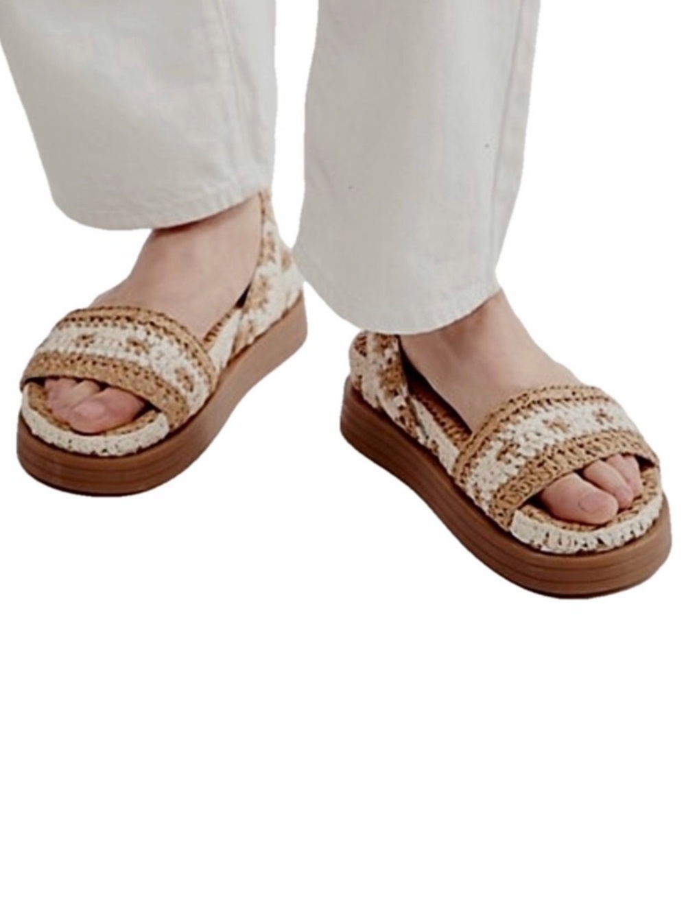 Free People Raffia Sandals Tan White Size 9 Roma Boho Woven EUC Ankle